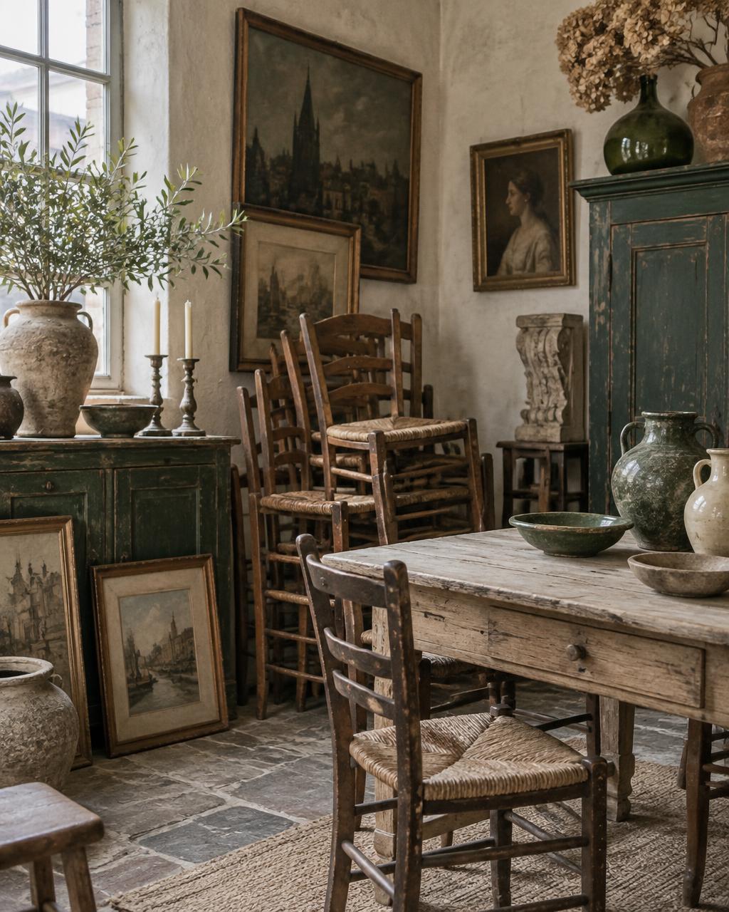 A brocante shop filled with antique furniture, ceramics and framed art