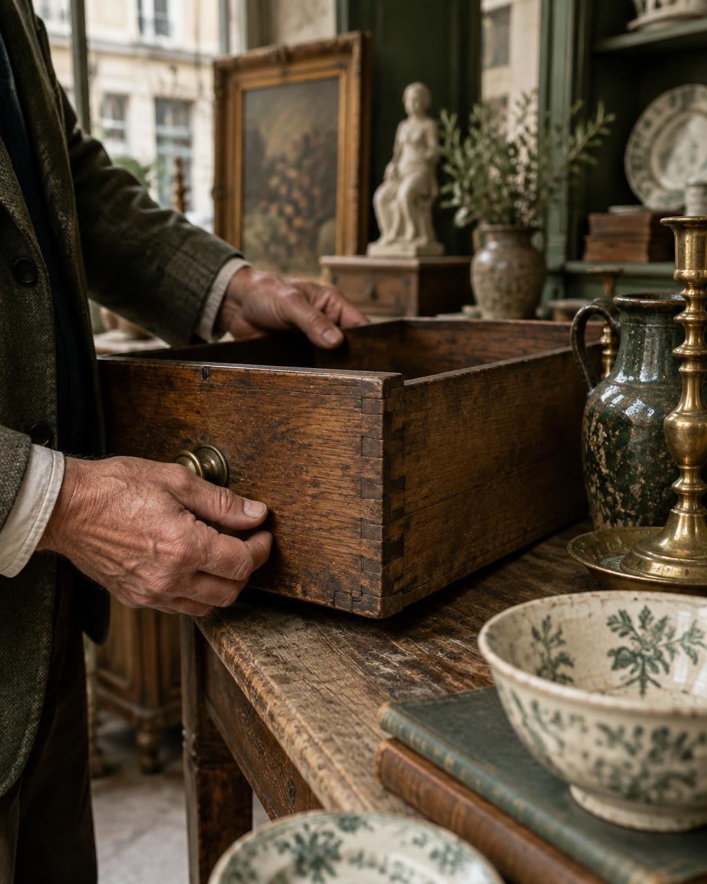 A dealer examining the joinery of an antique wooden drawer